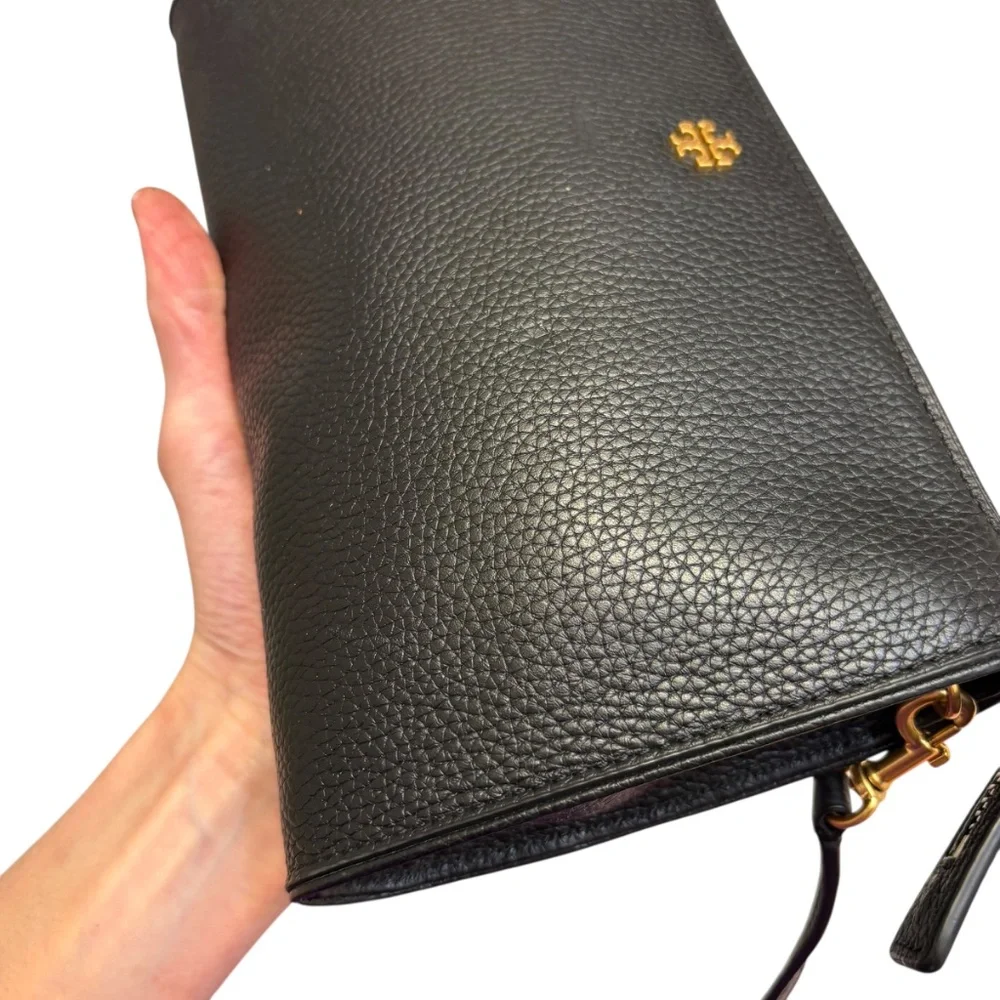 Tory Burch black leather small zip top bag
